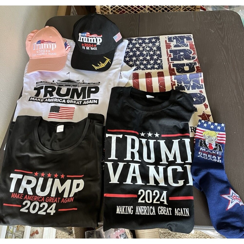 Lot Of Trump Shirts, Socks, Hats, Yard Flags. Make An Offer!